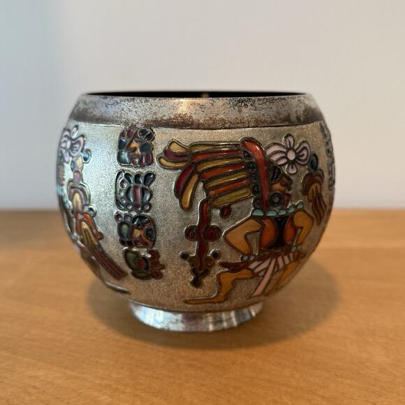Vintage Miguel Pineda Champleve Enamel Bowl Vase Neo Mayan Mexico Silver Plated - Picture 2 of 7